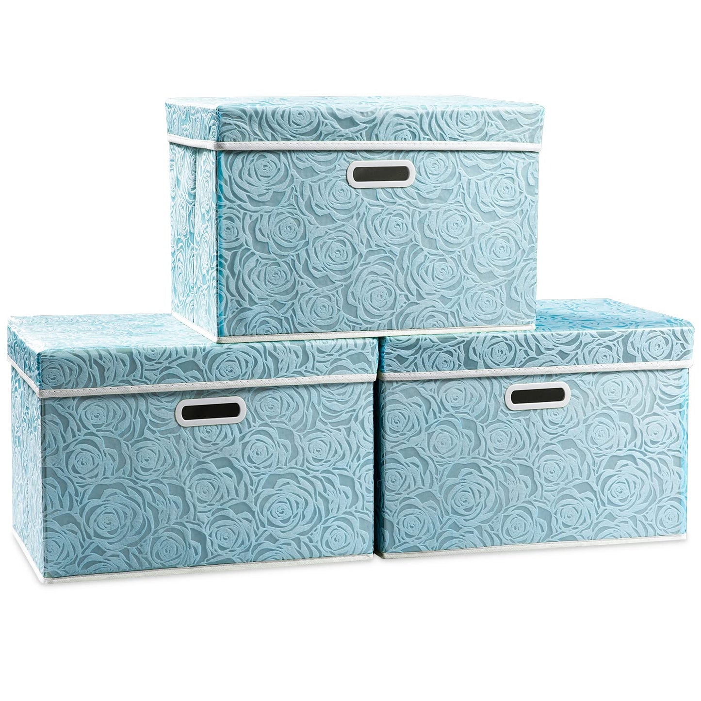 PRANDOM Larger Collapsible Storage Cubes with Lids Fabric Decorative Storage Bins Boxes Organizer Containers Baskets with Cover Handles for Bedroom Closet Living Room Blue 17.7x11.8x11.8 Inch 3 Pack