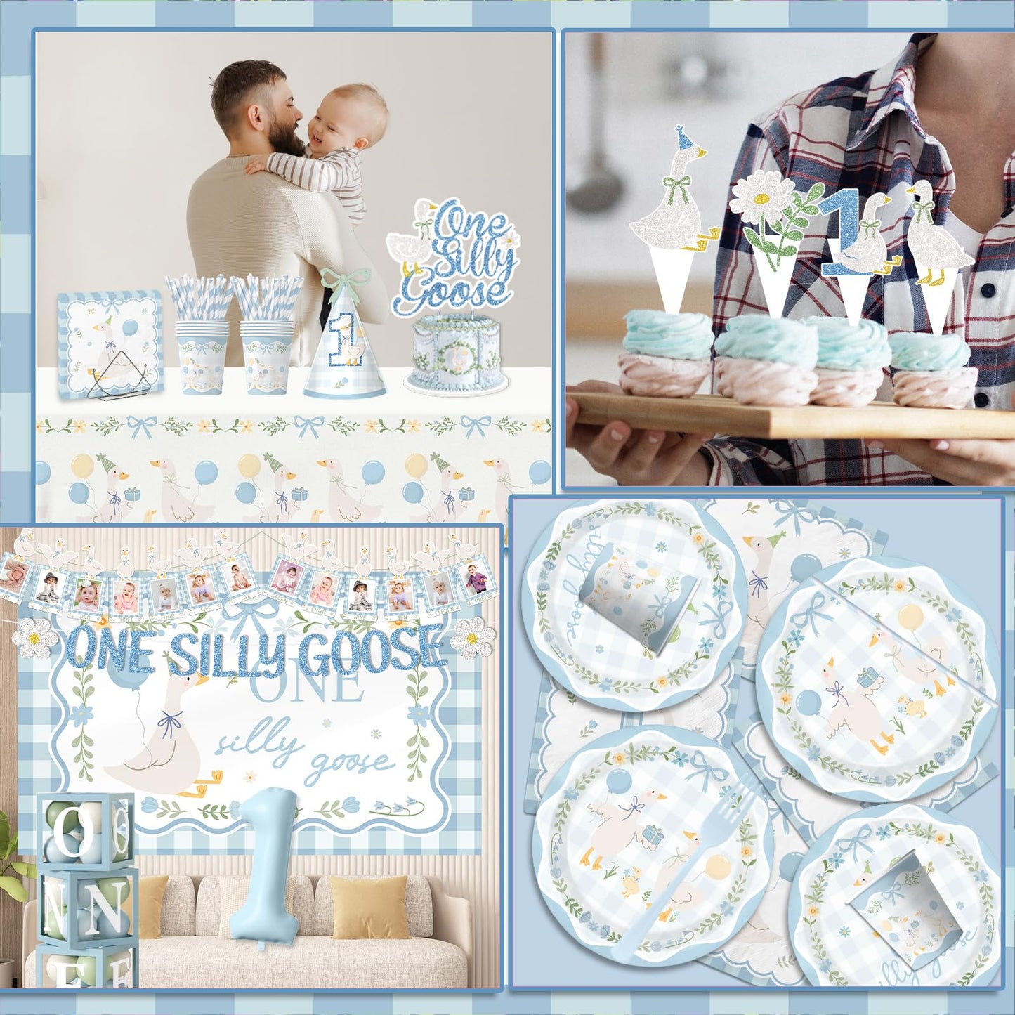 One Silly Goose Birthday Decor Boy, 270Pcs Blue Silly Goose First Birthday Decorations Kit include One Silly Goose Banner,Backdrop,Balloon Arch,Boxes,High Chair Banner,Bow Cupcake Toppers,Tableware