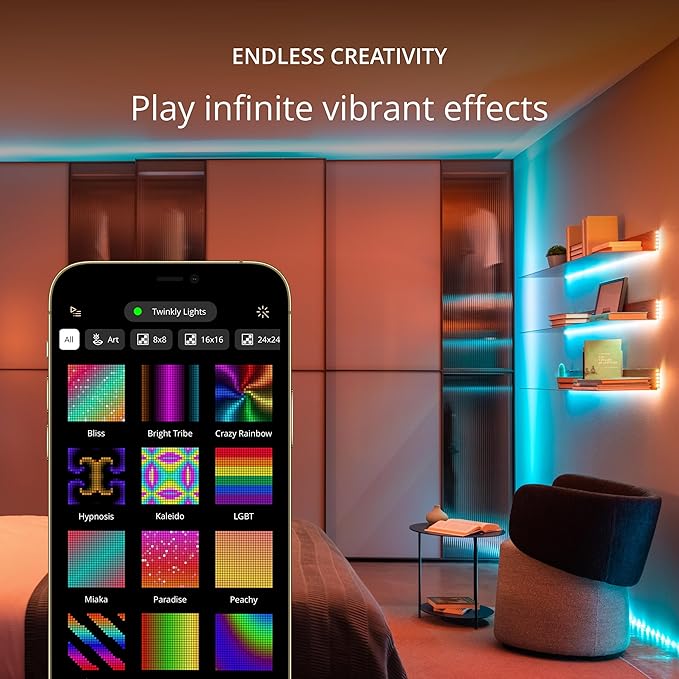 Twinkly Dots String Lights App-Controlled Flexible LED Color Changing String Lights, 60 RGB (16 Mil. Colors). 60 LED / 10 Ft Black Wire. USB-Powered Indoor Smart Home Lighting Decoration