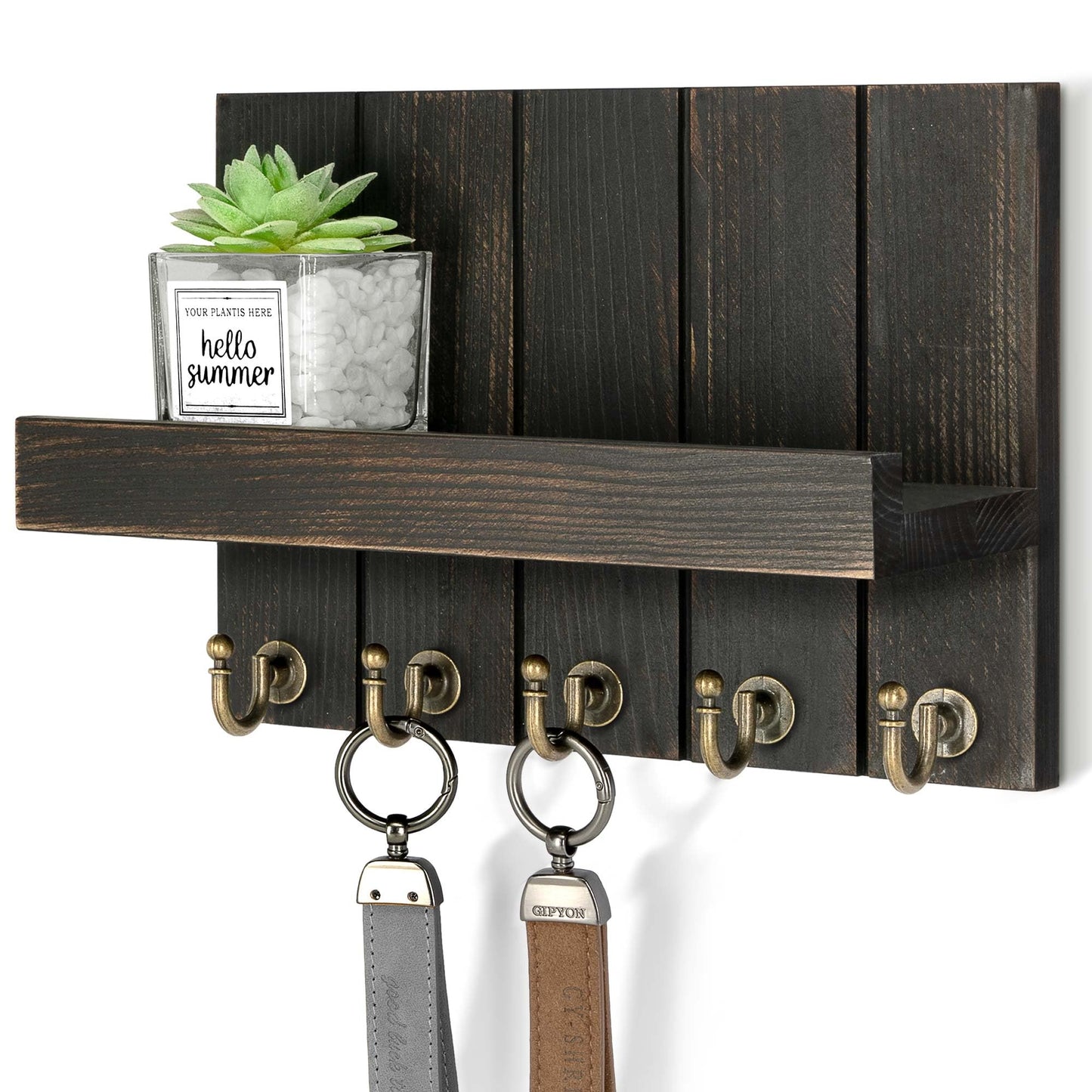 Rebee Vision Pine Wood Key Holder Wall Mount with Floating Shelf – Farmhouse Key Holder for Wall to Maximize Storage Solutions – Mail Organizer for Office Decor (3.54" x 10" x 7.28", Distressed Black)