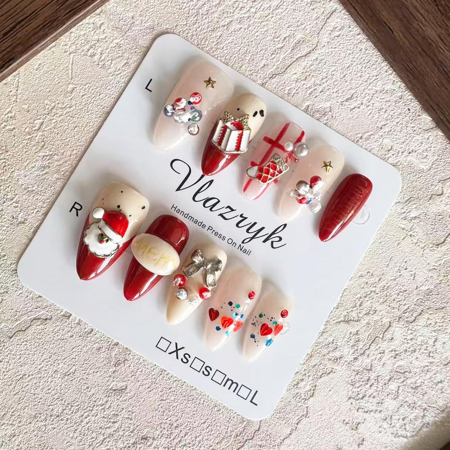 Christmas Handmade Press On Nails – 10pcs Medium Almond Fake Nails, 100% Handmade 3D Santa Claus Designs, Thick Gel Acrylic Full Cover False Nails for Women S SIZE