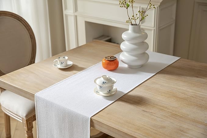 ZeeMart White Table Runners 90 Inches Long, Burlap Linen Style Rustic Farmhouse Table Runner, Long Boho Dining Table Runner, 13x90 Inches, White