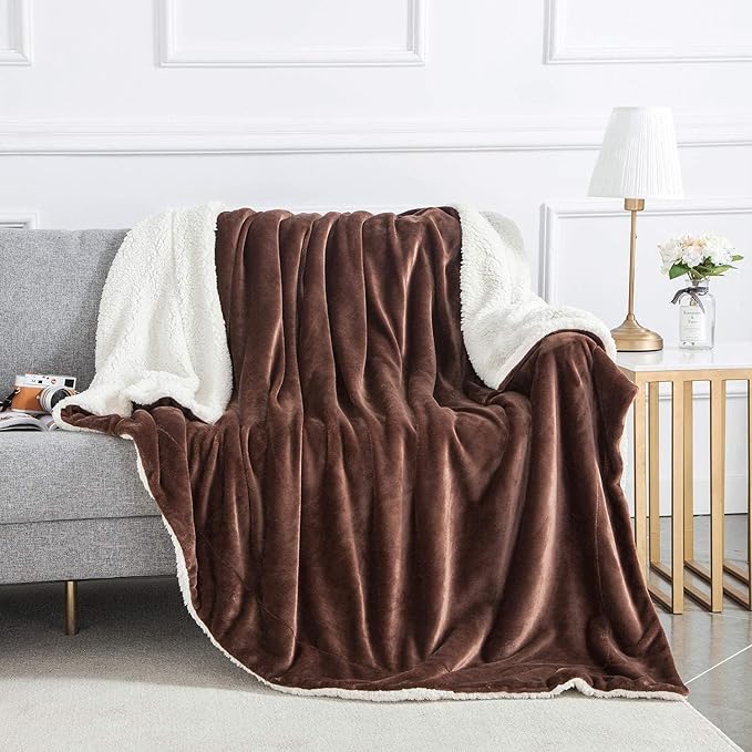 IR Imperial Rooms Coffee Sherpa Fleece Throw Blanket Twin Size for Bed - Wholesale Bulk Pack of 12 Sherpa Blankets - Soft Fluffy Throw Blankets for Hotels, Guest Bedroom, 60x80 Inches