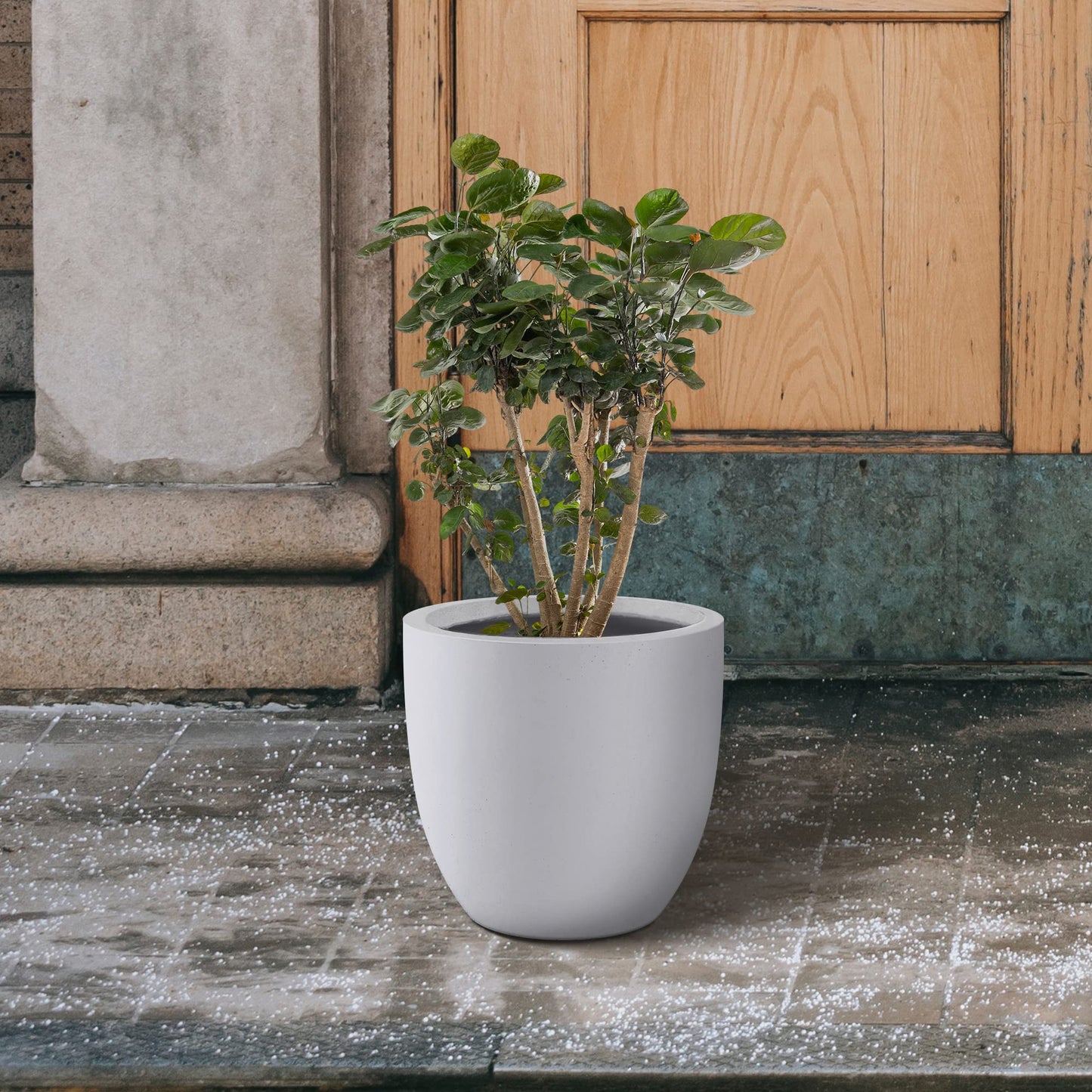 Kante 13.4" Dia Round Concrete Planter, Large Outdoor Modern Indoor Decorative Plant Pots with Drainage Hole and Rubber Plug for Home and Garden, Pure White