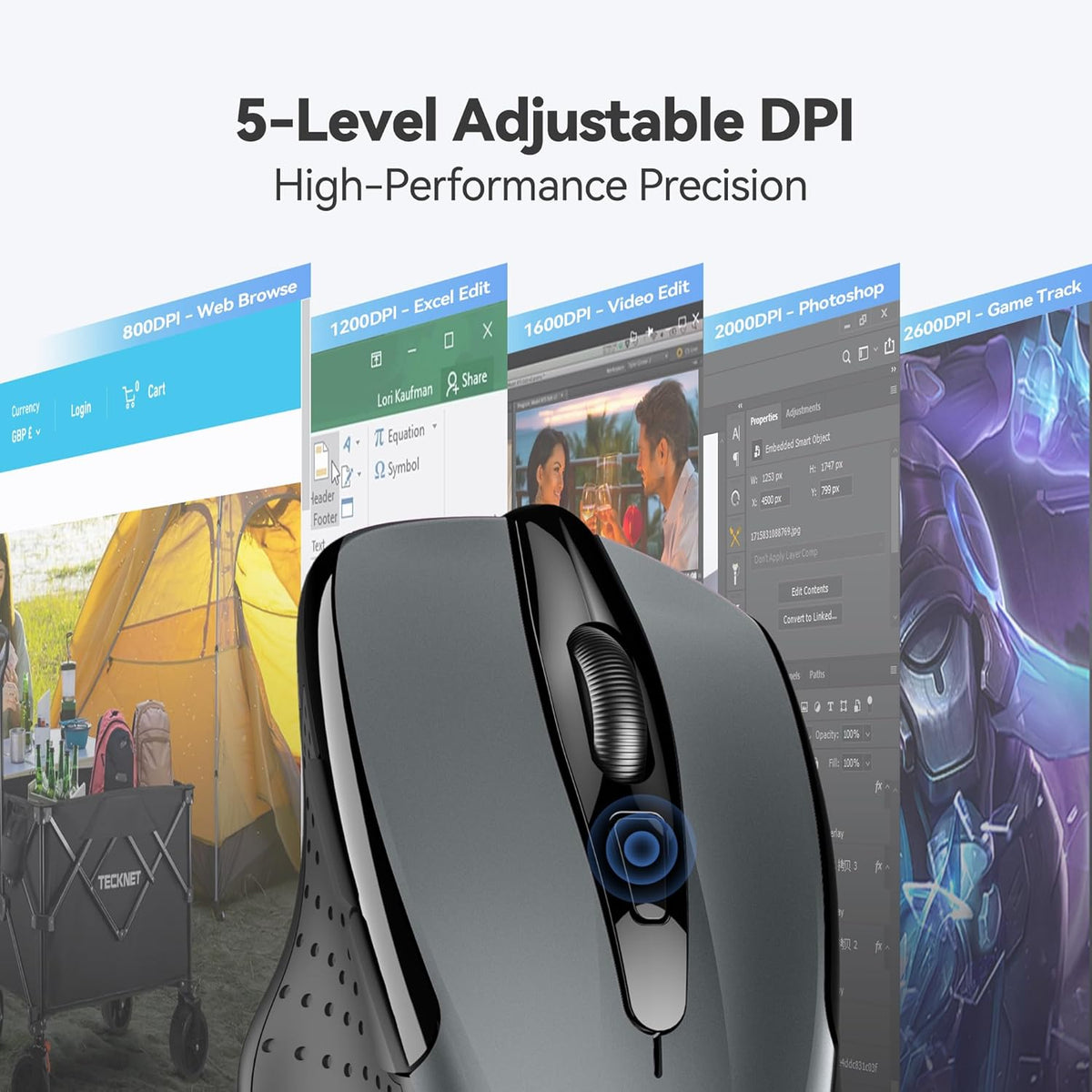 TECKNET Wireless Mouse, 2.4G Ergonomic Optical Mouse, Computer Mouse for Laptop, PC, Computer, Chromebook, Notebook, 6 Buttons, 24 Months Battery Life, 2600 DPI, 5 Adjustment Levels