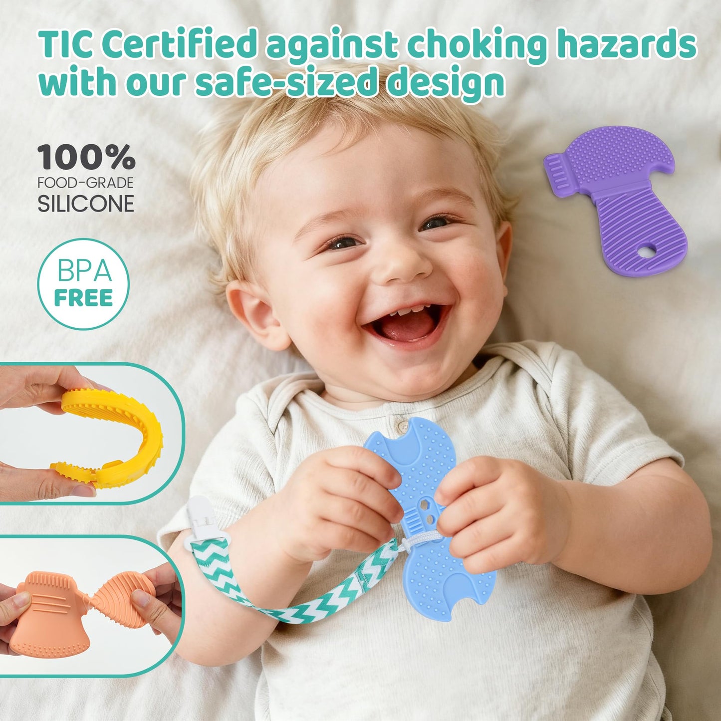 Baby Teething Toys, 4 Pack Silicone Baby Teether Toys with Pacifier Clips, Tool Shape for Babies 0-6 6-12 Months, Multi-Texture Gum Massage Teething Relief, Easy Grip for Newborn Infant Toddler