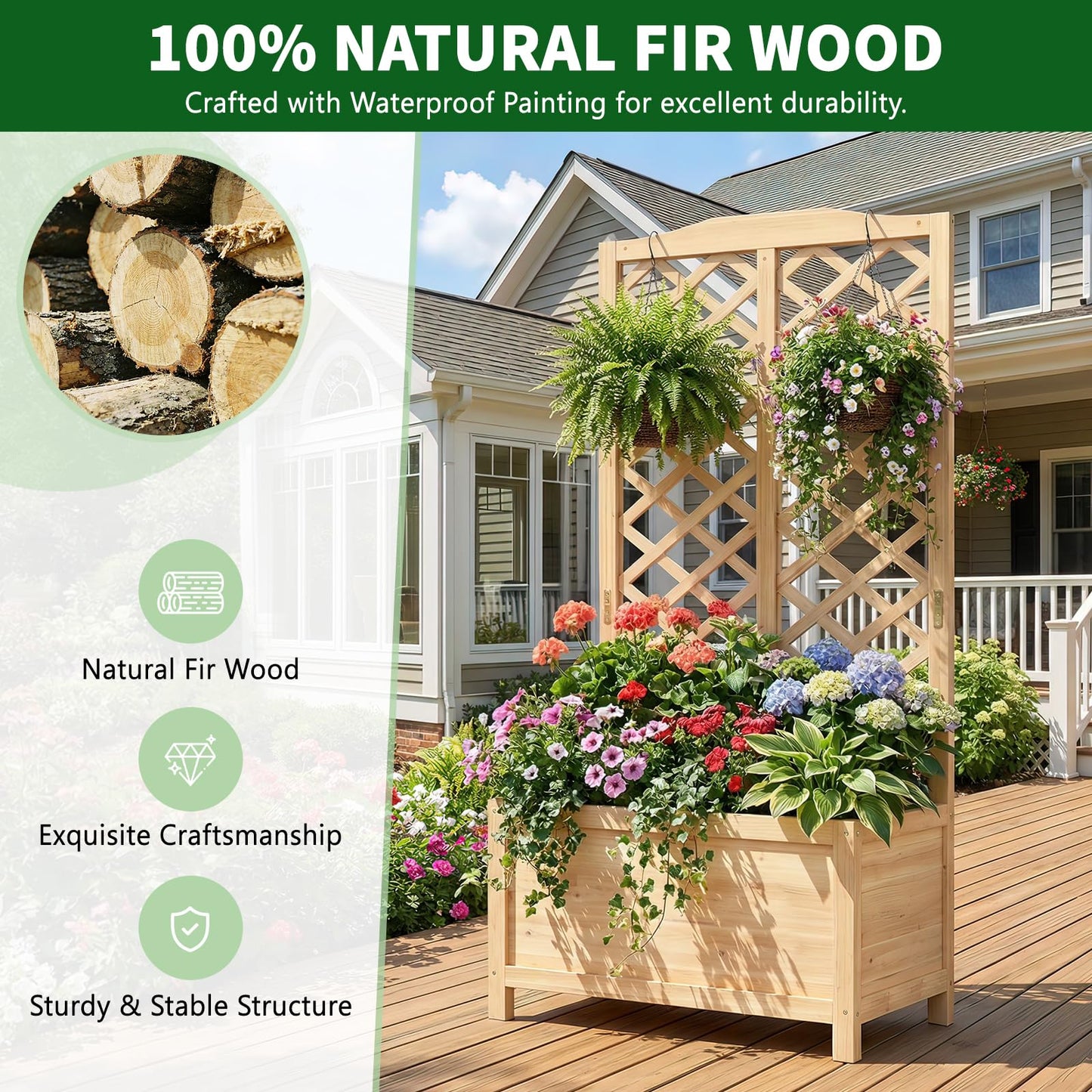 UrGROWA Wooden Raised Garden Bed with Trellis, Freestanding Planter Box with Drainage for Vines Climbing Plants Flowers Herbs, Elevated Gardening Planter for Backyard Balcony Patio