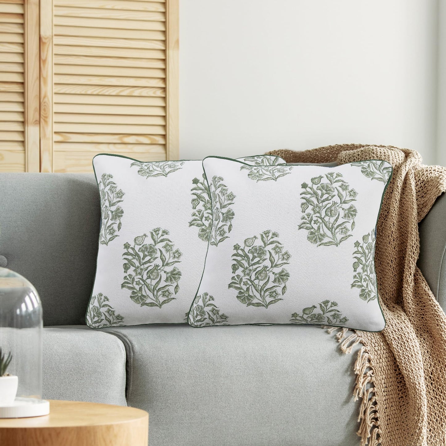 CPC Sage Green Block Print Throw Cushion Cover 20 x 20 Inch Set 2 - Decorative Boho Floral Pillow Case for Living Room, Bed, Sofa, Couch, Home Decor Cushion Cover Gift for Spring, Mother's Day