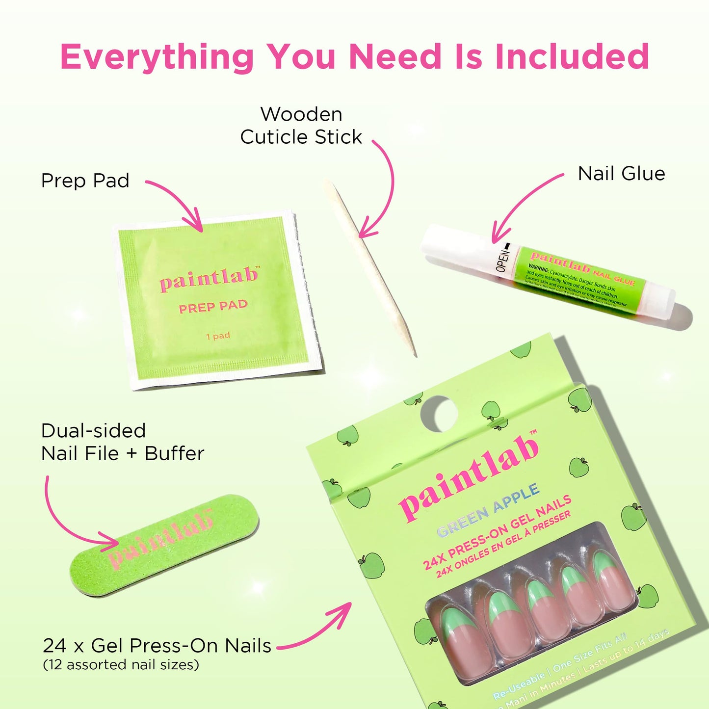 PaintLab Press On Nails - Green Apple French Tip Almond Fake Nails, 30 Nails in 15 Sizes with Glue, Reusable Salon Quality Press On Nails