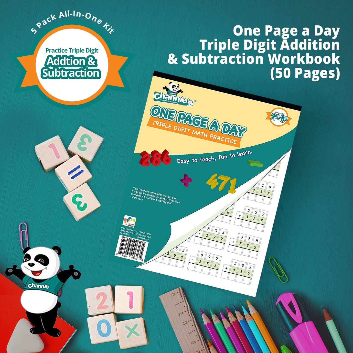 Channie’s All-in-One Kit, with Double & Triple Digit Math Practice Worksheets, Writing Pad, Math Line-Up Pad, Easy Peasy Cursive Handwriting Workbook for Kids, Free ABC Card