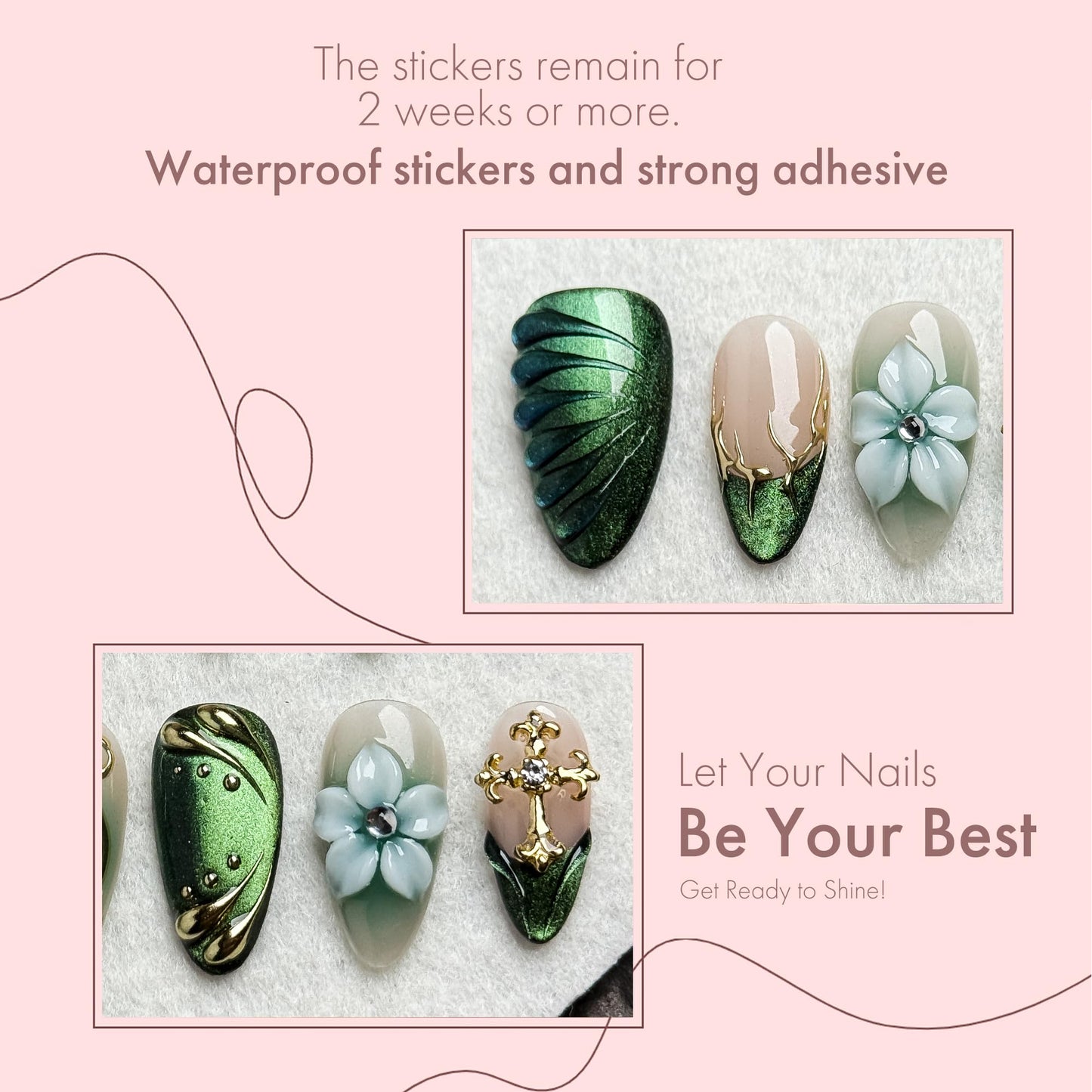 Green Leaf Fake Nails Press on Set, 10PCS with Floral Accents & Crystal Decorations, Includes Glue Tools Storage Box, Artistic Manicure Set for Special Events (green, S)