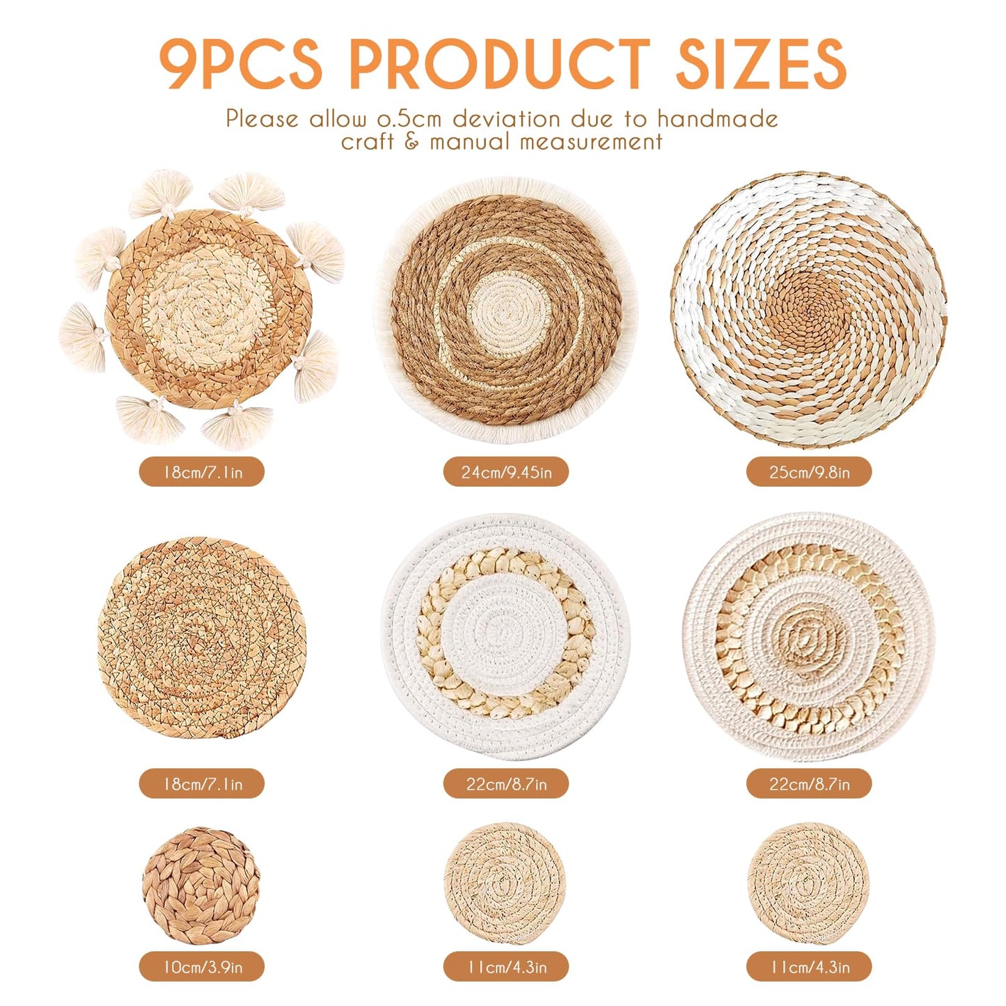 9PCS Boho Wall Baskets Set, Seagrass Rattan Wicker Basket Set, Round Handmade Hanging Basket Decor for Farmhouse Living Room Bedroom Display Table Kitchen Home