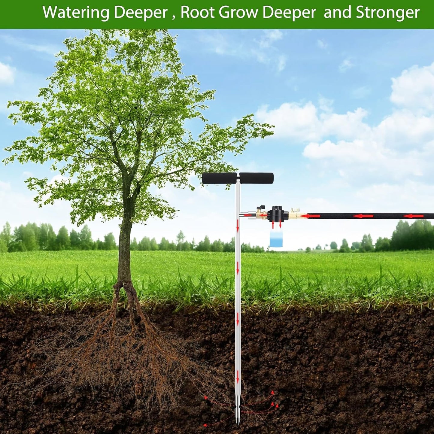 Caulimo Deep Root Watering Tool for Trees, Tree Watering Spike with Fertilizer Bottle, Stainless Steel Root Feeder for Garden, Orchard & Shrubs, Tree Irrigation System with Brass Valve, T-Handle