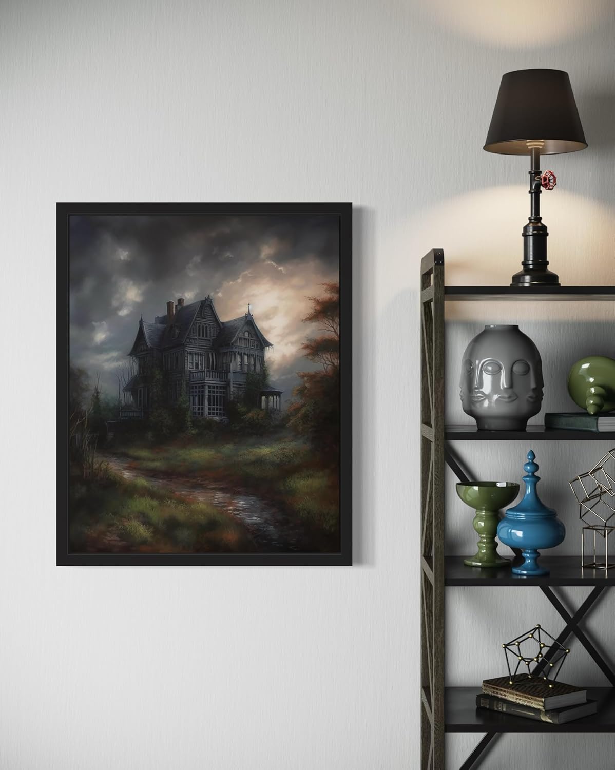 Haunted House Poster Art Print, Halloween Scary Vintage Wall Art Academia Spooky Painting Decoration for Horror Prints, Gothic Posters Bedroom Decor 89 (Haunted House, 11 x 14 inches, Black Frame)