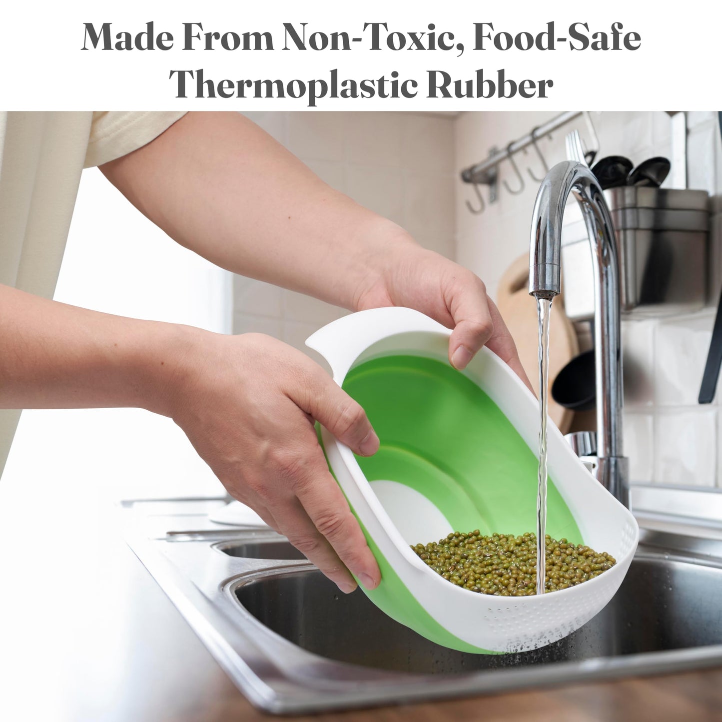 Kitchen Gizmo Collapsible Rice Strainer - Silicone Rice Washer Strainer Bowl - BPA Free - Space Saving Design - Lightweight and Easy to Clean - 9.1 x 7.1in High - Green/Grey