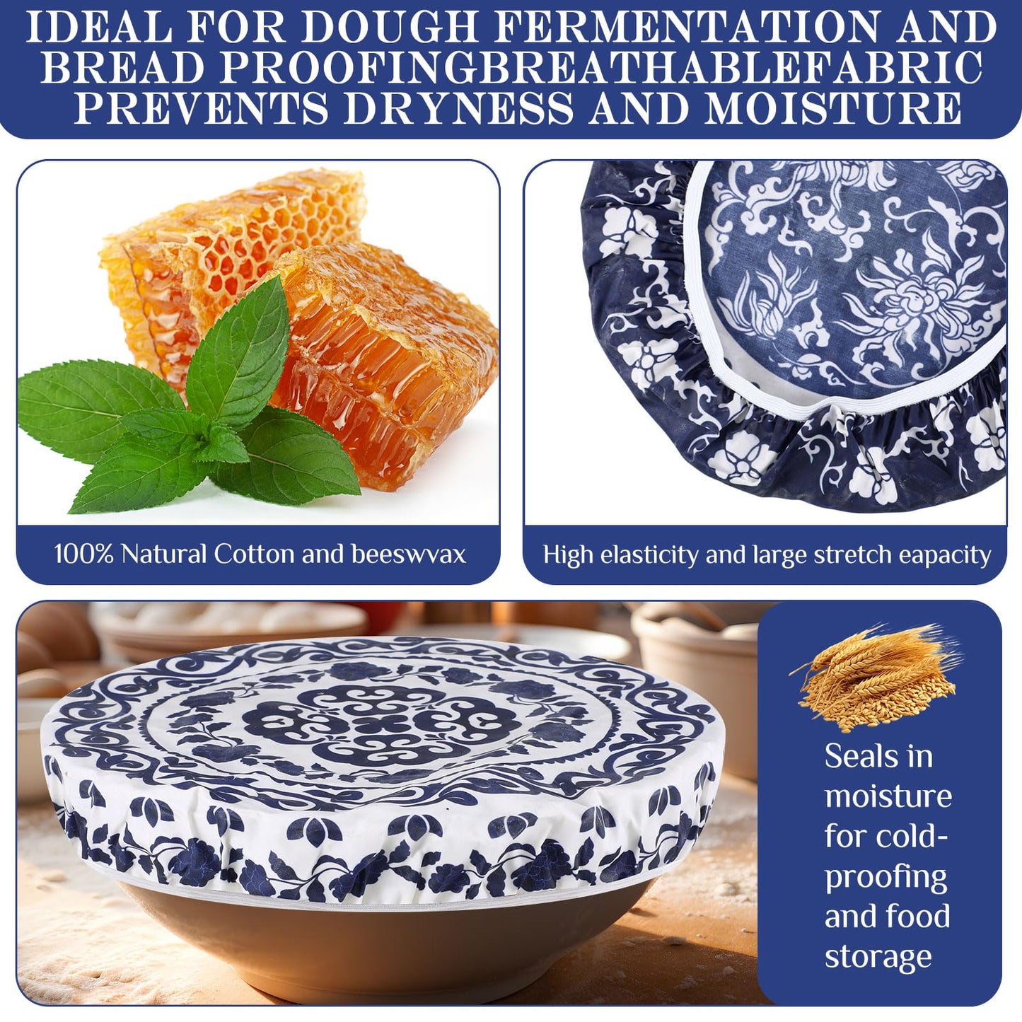 Hahafelt 4 Pcs Beeswax Bowl Covers Reusable Bowl Covers for Bread Proofing 10 Inch Elastic Cotton Cloth Sourdough Caps Stretchy Food Caps Leakproof Fresh for Dough Proofing and Food Storage(Retro)