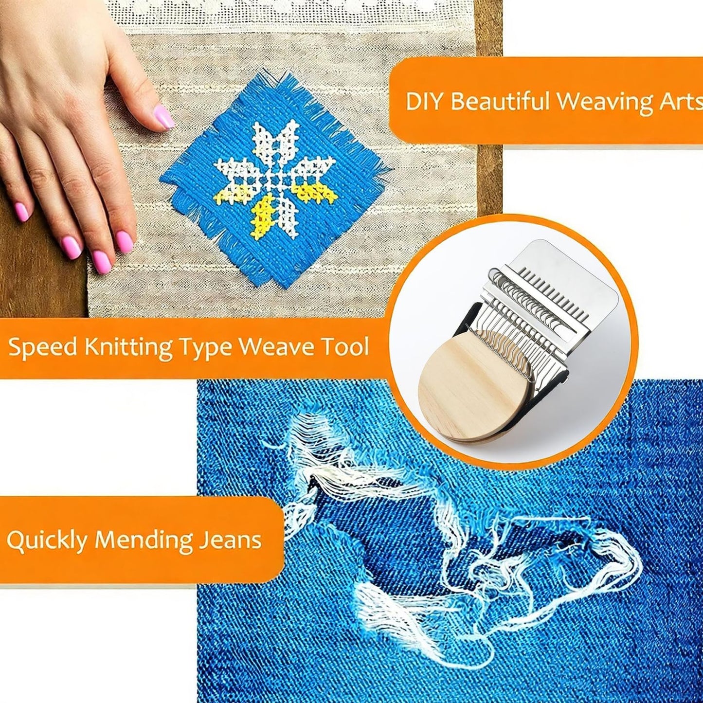 Complete Darning Loom Kit for Clothes Repair & Mini Weaving | Includes Wooden Loom, 14 Needles, Elastic Bands, Stitch Markers | Portable Sewing/Mending Tool for Socks, Sweaters