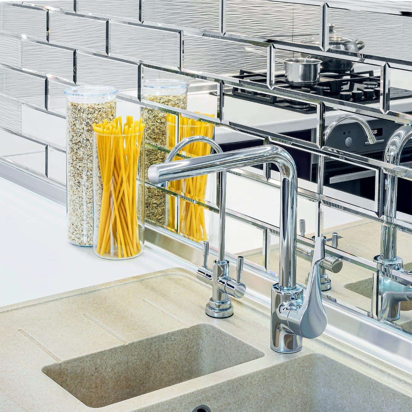 3" X 10" Glass Mirror Subway Backsplash Kitchen Bathroom Beveled Edge Brick Tile (Silver, 10 Tiles 2sq.ft)