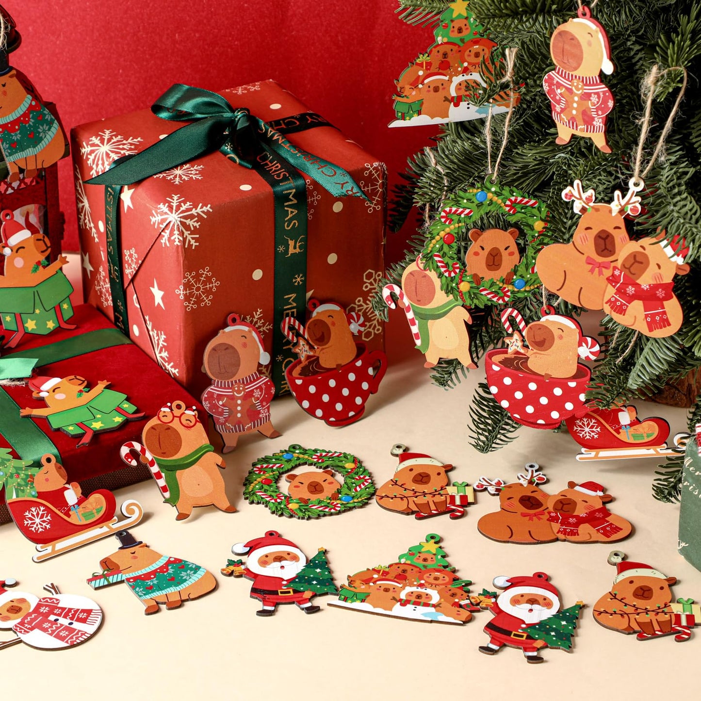 AceOrbit 24 Pcs Christmas Tree Ornaments Capybara Christmas Tree Decorations Capy Xmas Wooded Hanging Xmas Decorations for Stocking Stuffers Capybara Gifts Holiday Halloween Party Supplies