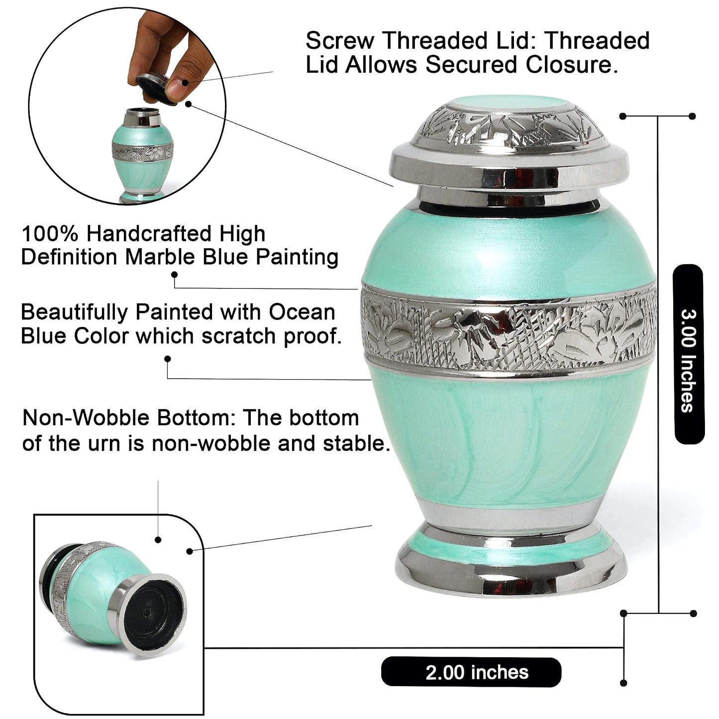THE ASCENT MEMORIAL Azure Blue Engraved Small Keepsake Urn for Funeral Ashes Men Women | Ocean Blue Mini Cremation Urns for Human Remains | Velvet Carry Bag | Paper Funnel | Gift Box