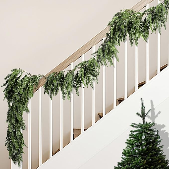 Watayo 9.8 Ft Realistic Touch Norfolk Pine Garland, Artificial Realistic Cedar Garland Christmas Garland for Mantle, Fake Norfolk Pine Greenery Garlands for Xmas Fireplace Window Indoor Outdoor Decor