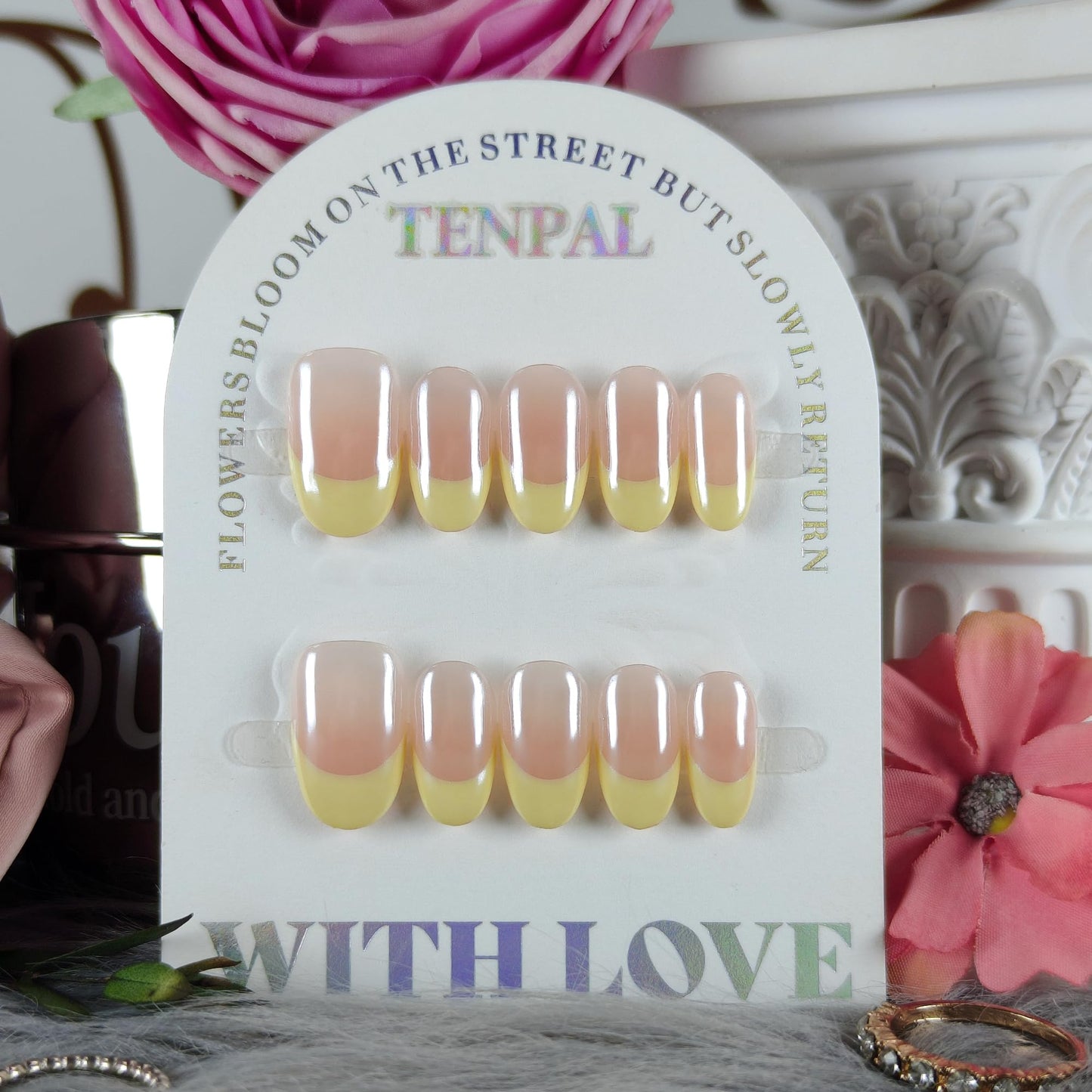 TENPAL Aurora Pastel Yellow French Tips Press on Nails Short Oval Minimalist & Reusable False Nails for Everyday Luxury | Clean Chic Style(S)