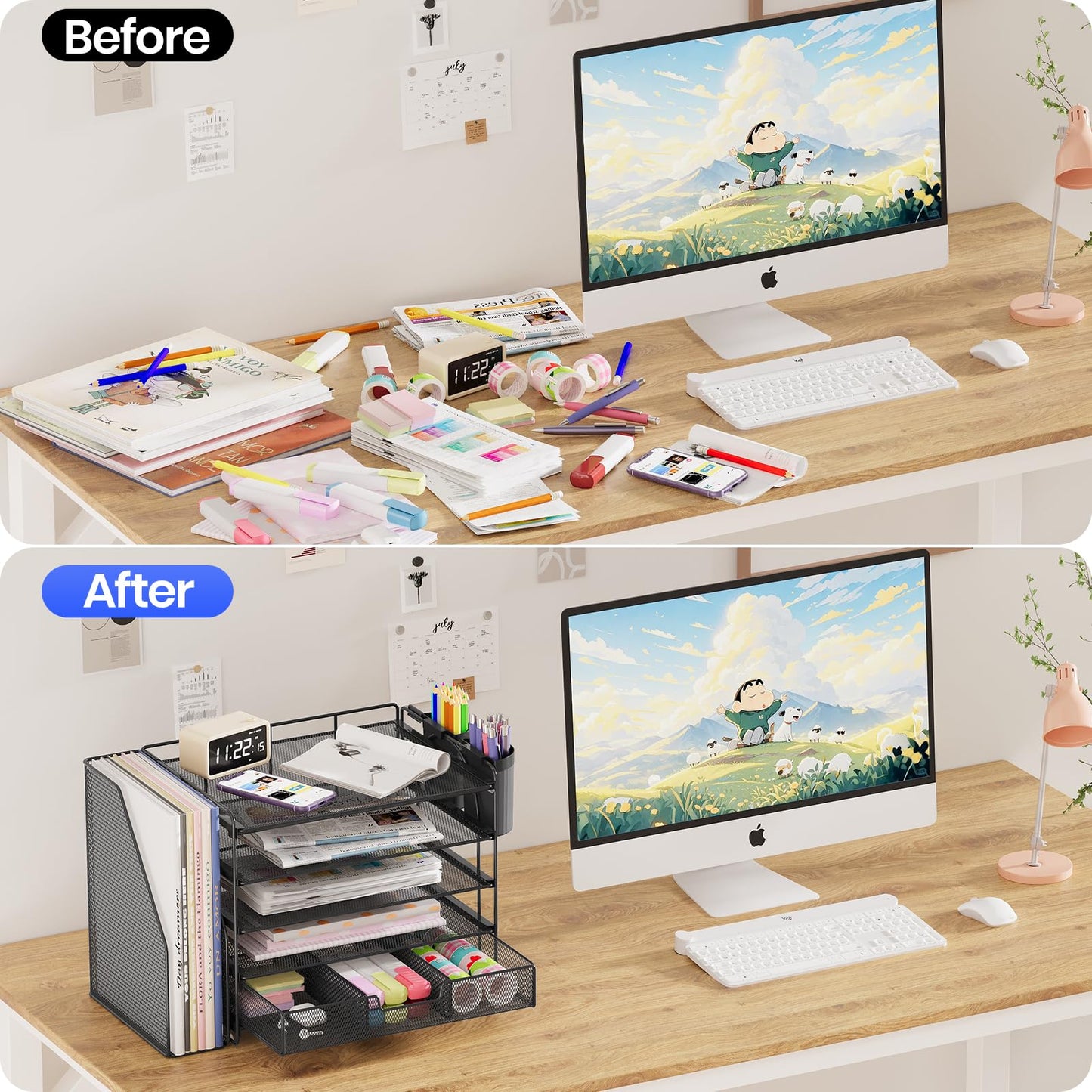 OPNICE Desk Organizer, 5-Tier Paper File Organizer with Drawer & Pen Holder, Office Desk Accessories, Workspace Desktop Organizer for Office Supplies(Black)