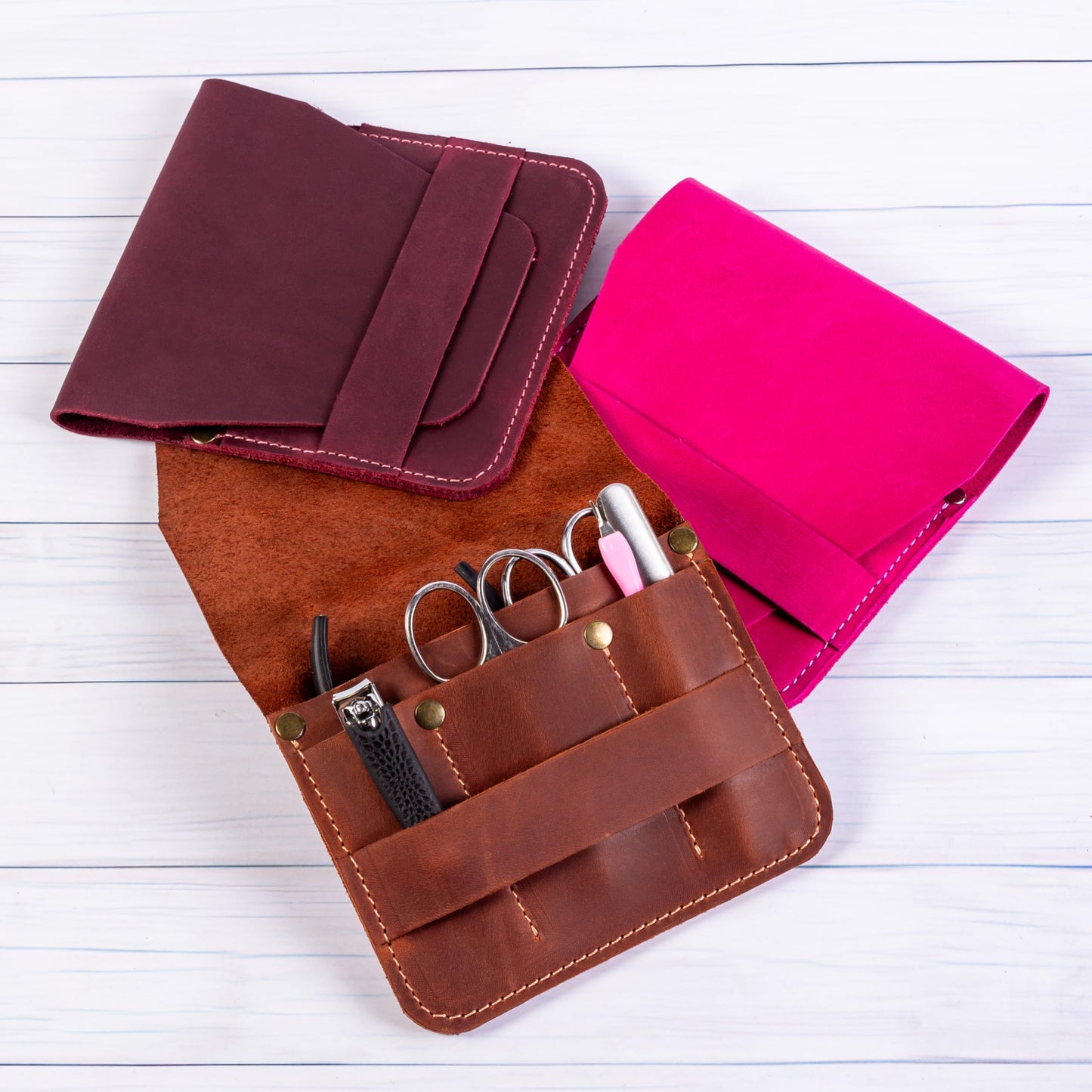 Leather Manicure Set Case Grooming Kit Organizer (Dark Brown)