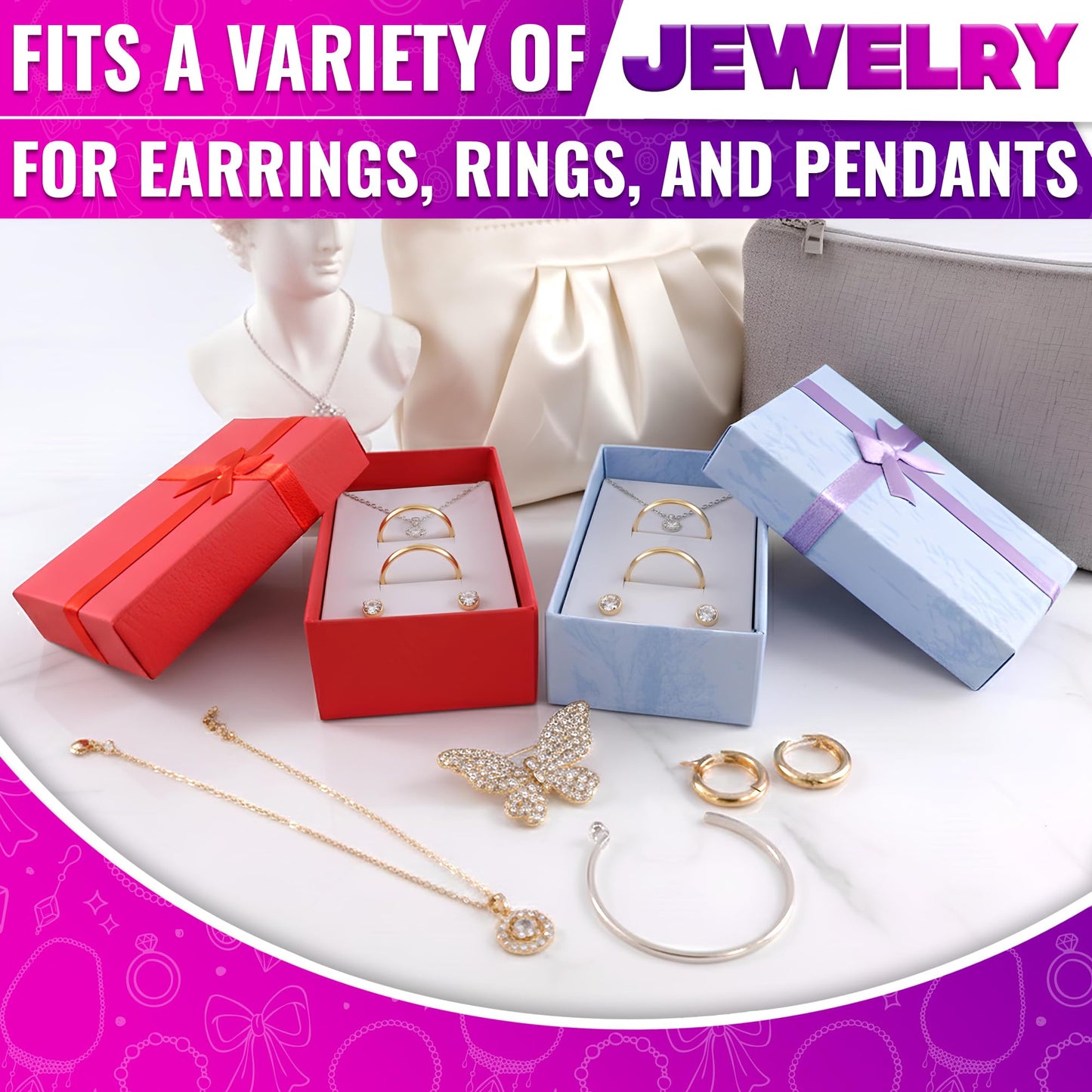 KETAR 24 Pack Small Jewelry Gift Boxes with Bows — 4 Color Options, Cardboard Paper Earring, Necklace and Bracelet Gift Box with Foam Insert — Birthday, Wedding and Mother’s Day | 3.2" X 2" X 1.06"