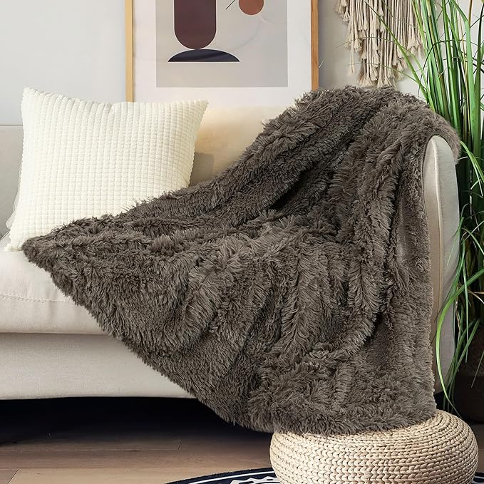 Tuddrom Decorative Extra Soft Faux Fur Throw Blanket 50"x60",Solid Reversible Fuzzy Lightweight Long Hair Shaggy Blanket,Fluffy Cozy Plush Fleece Comfy Microfiber Blanket for Couch Sofa Bed,Brown