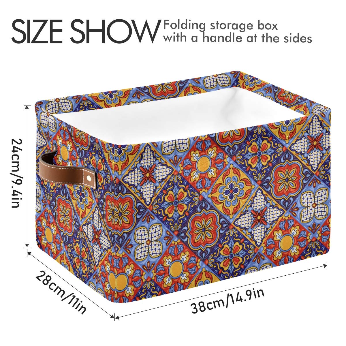 KEEPREAL Foldable Storage Baskets, Mexican Ceramic Tile Pattern Storage Bins with Handles, Decorative Cloth Organizer Storage Boxes for Home|Office 15 x 11 x 9.5 in