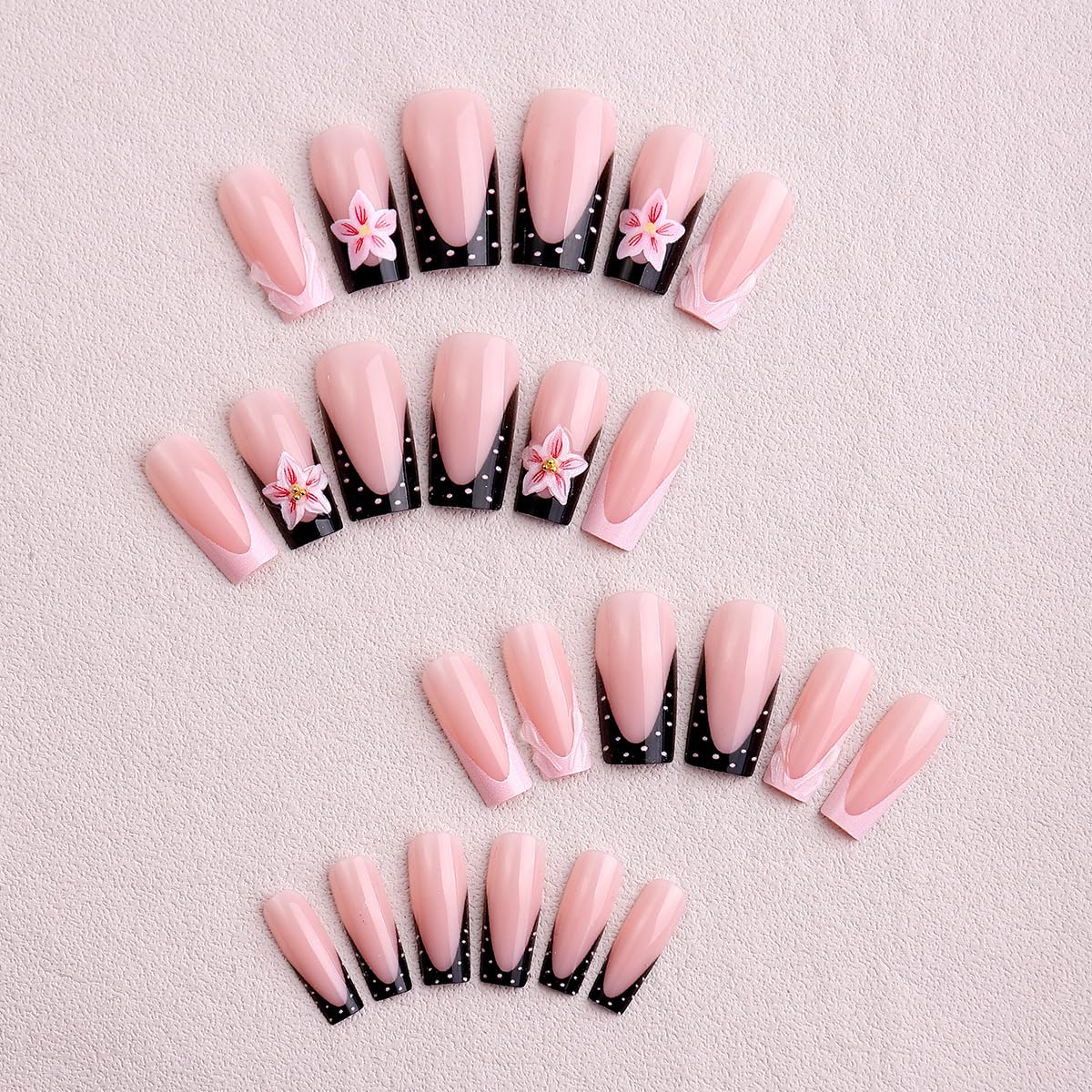 Shell French Tip Press on Nails Square Medium Fake Nails with 3D Flower Rhinestone Spot Design Full Cover Glossy Stick on False Nails for Women 24 Pcs