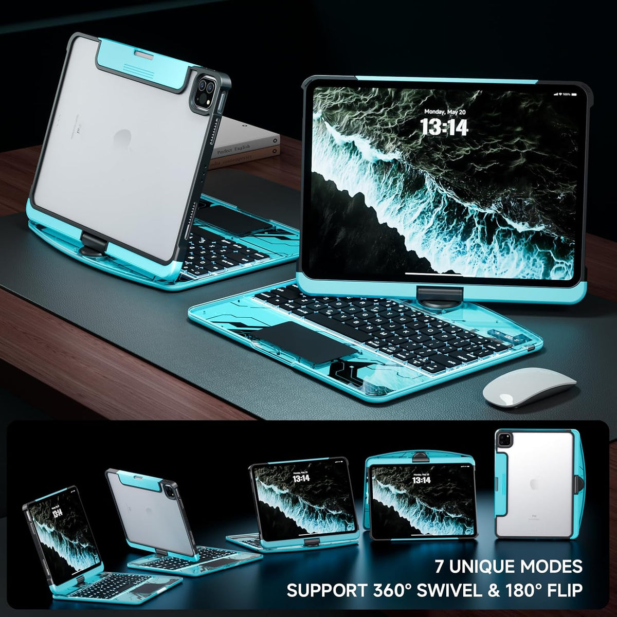 Transparent Case with Keyboard for iPad Air 13 Inch (M3/M2, 2025/2024), iPad Pro 12.9 Inch (6/5/4/3 Gen),7-Color Backlit,Magic Wireless Keyboard, 360°Rotating,with trackpad,Pencil Holder,Blue