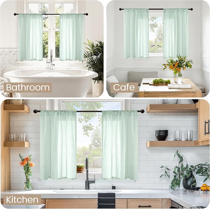 BGment Sage Green Linen Curtains 36 Inch Length for Kitchen Window - Small Drapes Light Filtering for Cafe Bathroom Decorative Lightweight Natural Rustic Rod Pocket, 2 Panels Set, 42 X 36 Inch
