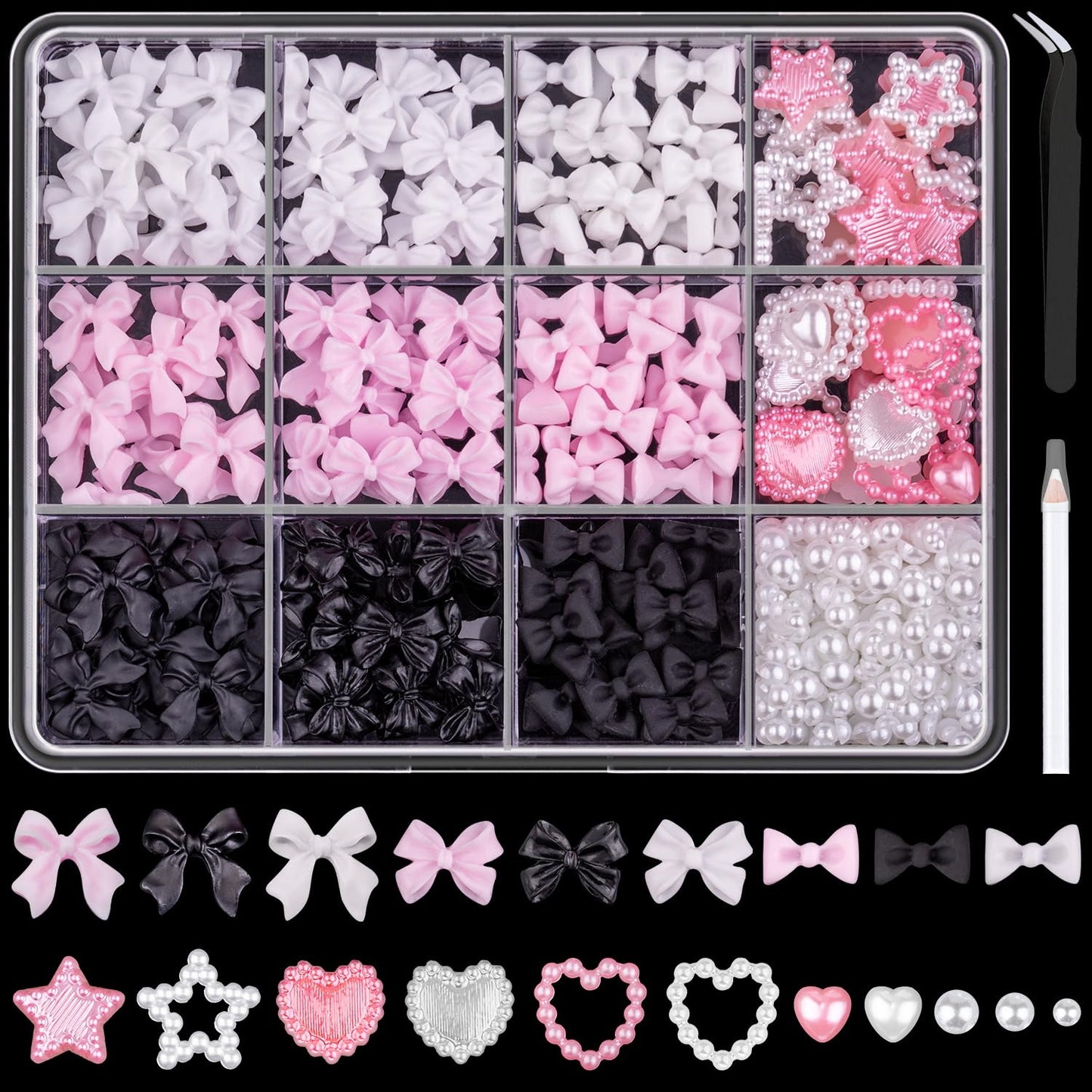 600 Pcs 3D Nail Charms and Flatback Pearls #2, Pink White Black Multi Styles Bowknot Charms + Pink&White Star Heart Nail Jewels + 2-6mm White Nail Pearls for Nail Art Design with Pickup Tools