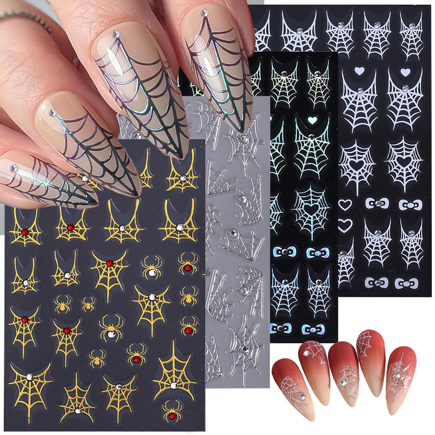 4 Sheets 5D Embossed Halloween Nail Stickers for Nail Art Self-Adhesive Ghost Spider Web Spider Nail Decals Laser Gold Silver Rhinestones Nail Designs Stickers Holiday Nails Supplies for Women DIY