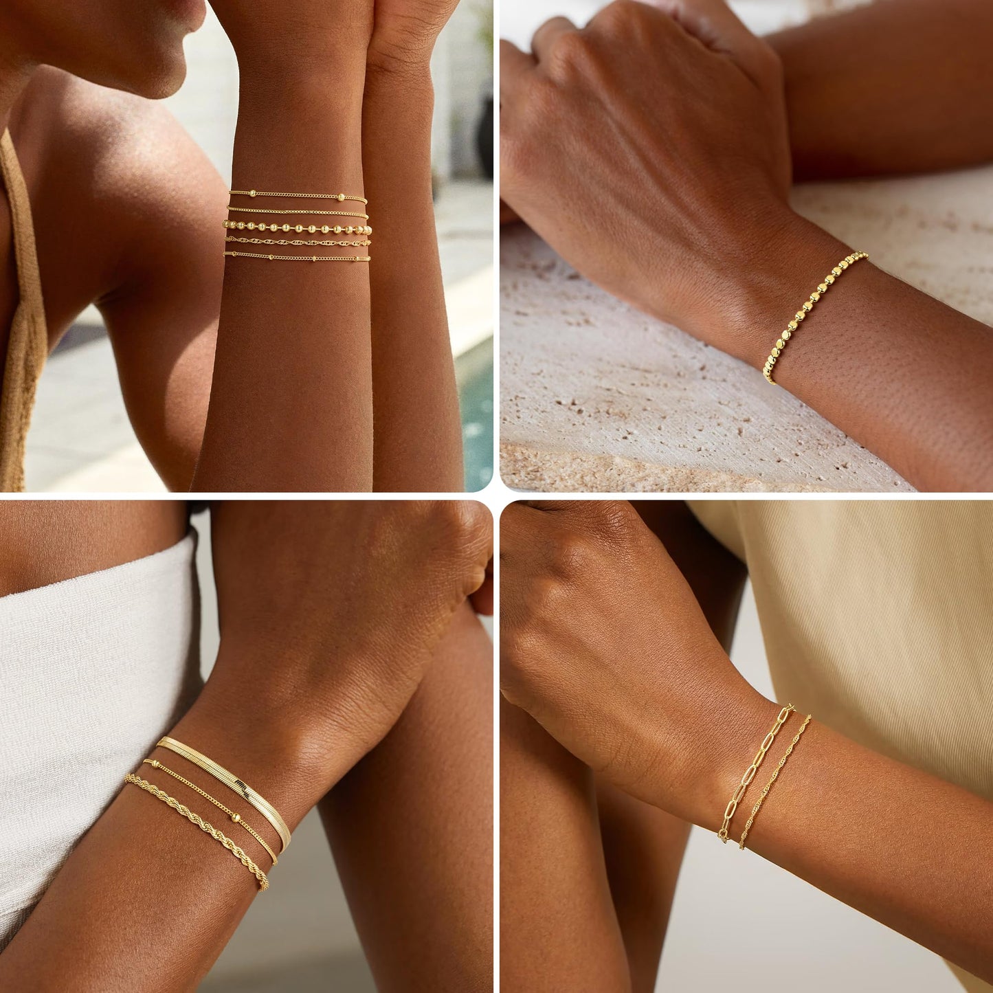 Turandoss Gold Bracelets Stack for Women, Dainty 14K Gold Plated Stackable Bracelet Set Adjustable Satellite Box Chain Bracelet Waterproof Non Tarnish Jewelry Gifts for Women