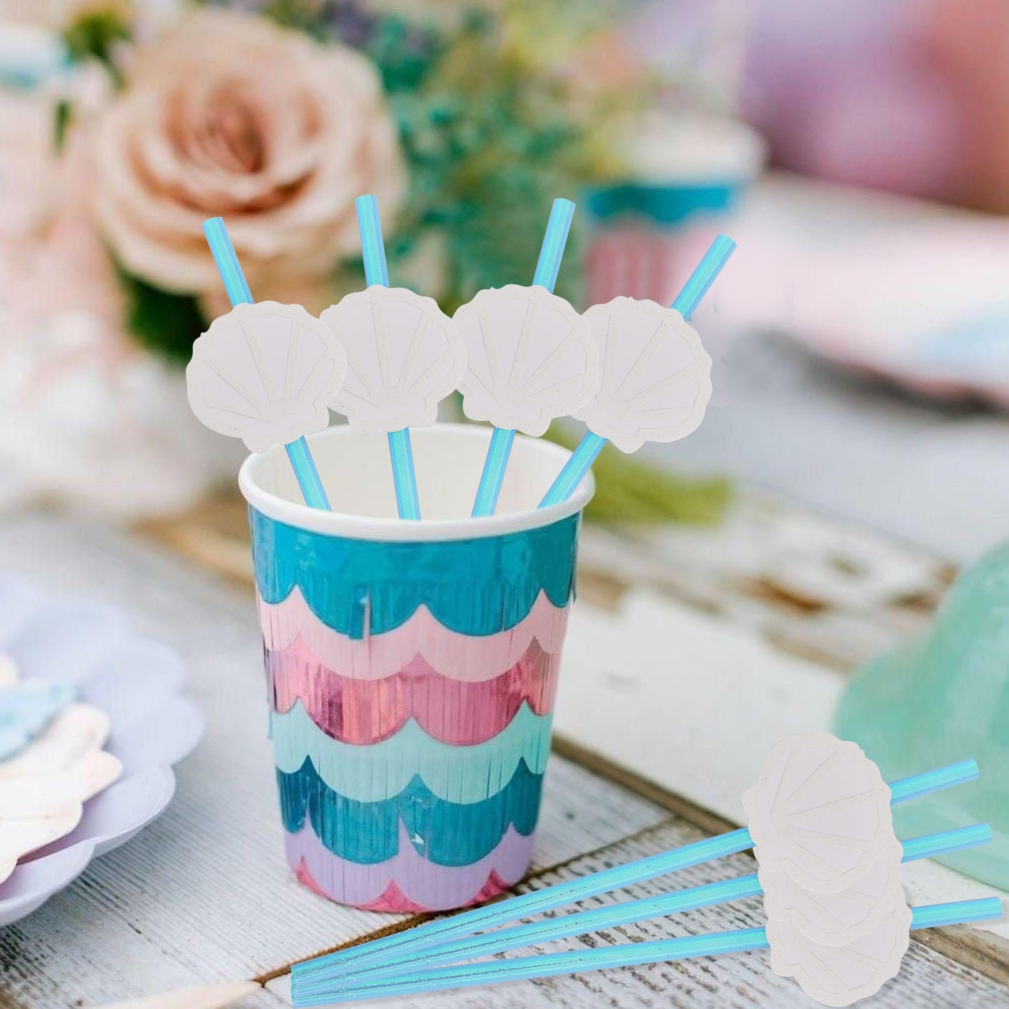 12Pcs White Shell Blue Straws - Ocean Birthday Wedding Decorations,Shell Disposable Drinking Paper Straws,Last Toast on the Coast Party Decorations,Seashells Bachelorette Party Centerpieces