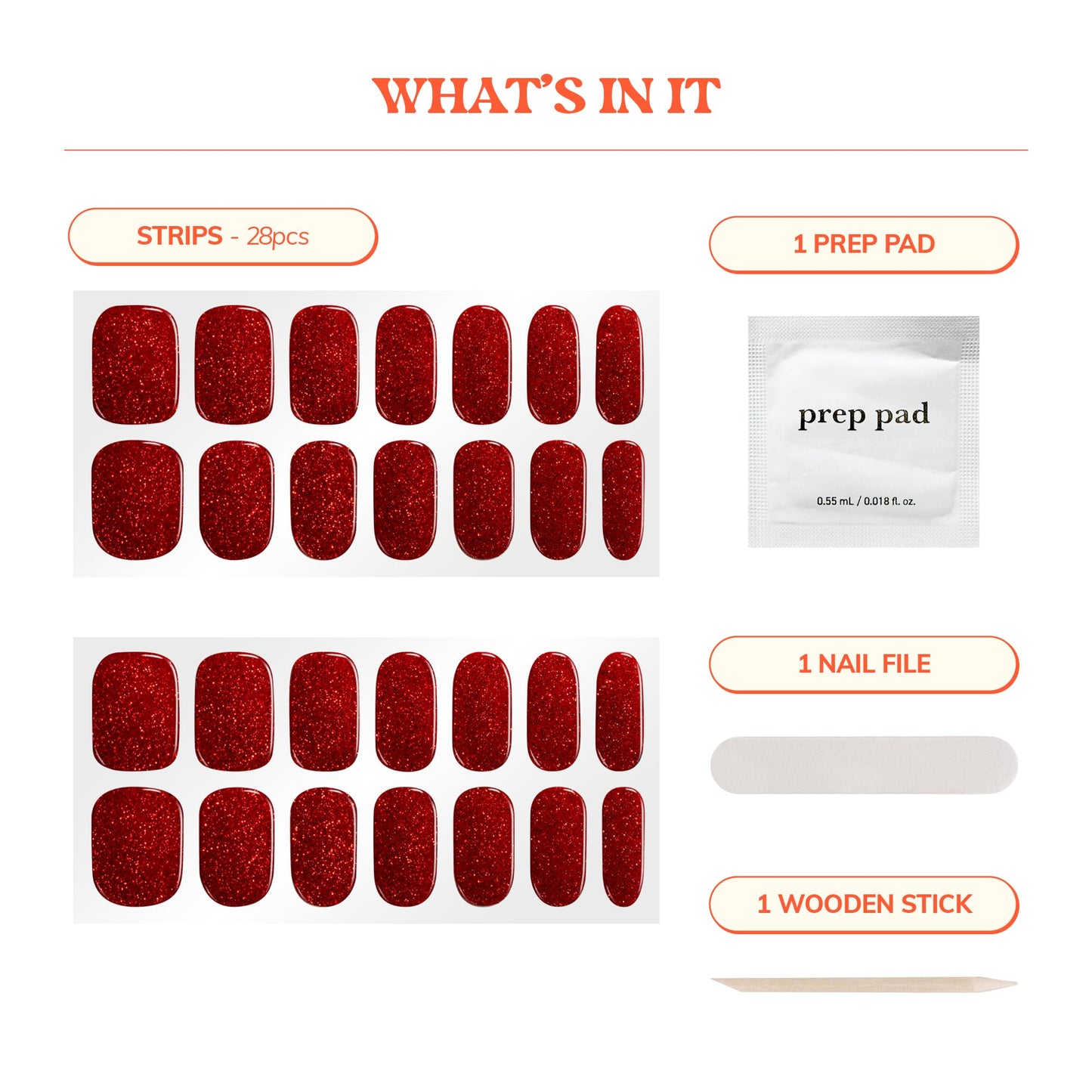 Heyhae Semi Cured Gel Nail Strips | No LED Lamp Needed | Fall, Red, Glitter | Easy Apply & Remove, Salon Quality | Includes 28 Strips, 1 Prep Pads, Nail File & Wooden stick - Hey, Red Velvet Crush