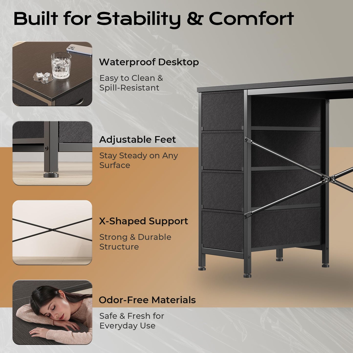 Huuger 55 Inch L Shaped Desk with Fabric Drawers, Reversible Computer Gaming Desk with Power Outlets and USB-C Port, Adjustable Side Storage Shelves, for Work Study Corner Home Office, Black