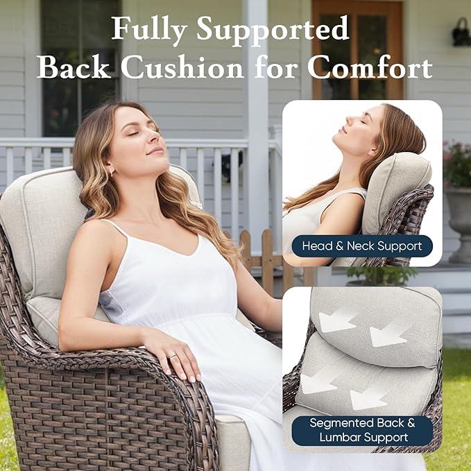Belord Luxury 6" Thick Cushioned 6 Pieces Patio Furniture Set with Outdoor Couch, Wicker Outdoor Conversation Set with High Back Swivel Rocker Chairs for Deck Porch Yard and Poolside - Brown+Beige