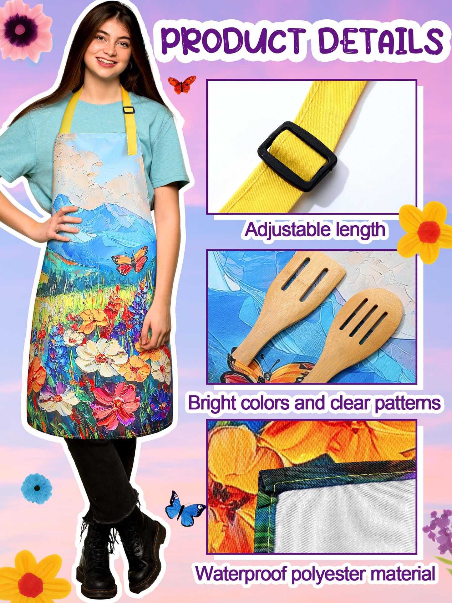 Bencailor 6 Pcs Spring Kitchen Aprons with Pockets Flower Rooster Bee Butterfly Sunflower Summer Aprons Bulk for Women(Colorful,Flower)