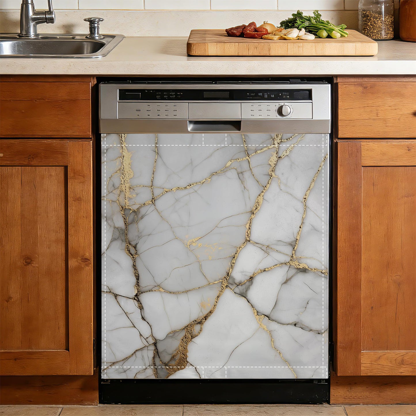 Texture Marble Dishwasher Magnet Cover,Gold White Kitchen Decor Waterproof Refrigerator Magnet Sticker Appliance Cover Protector,23Wx26H Inches