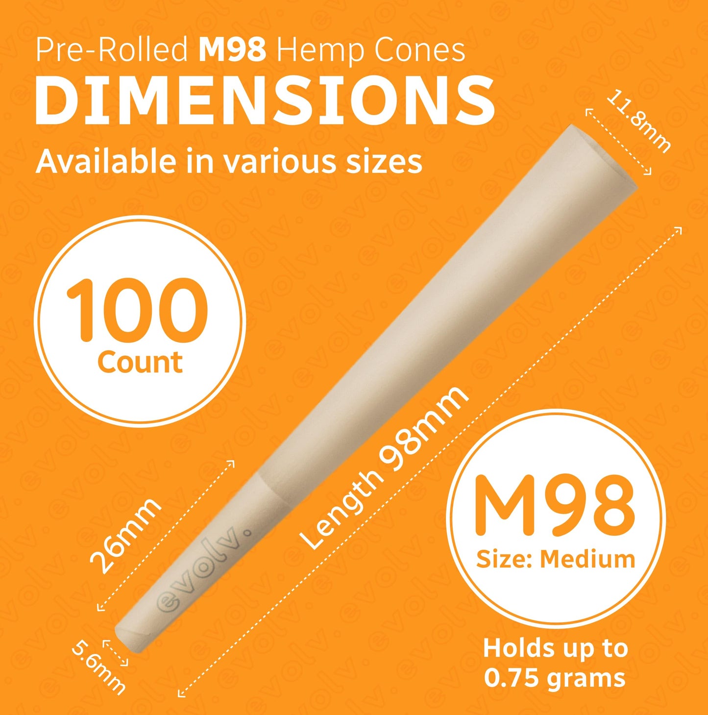 Evolv Organic Hemp Pre Rolled Cones Rolling Paper | Size: M98 (98/26mm) | 100 Count Case | Unbleached, Slow Burning Preroll Cones | Artisan Crafted Rolling Cone