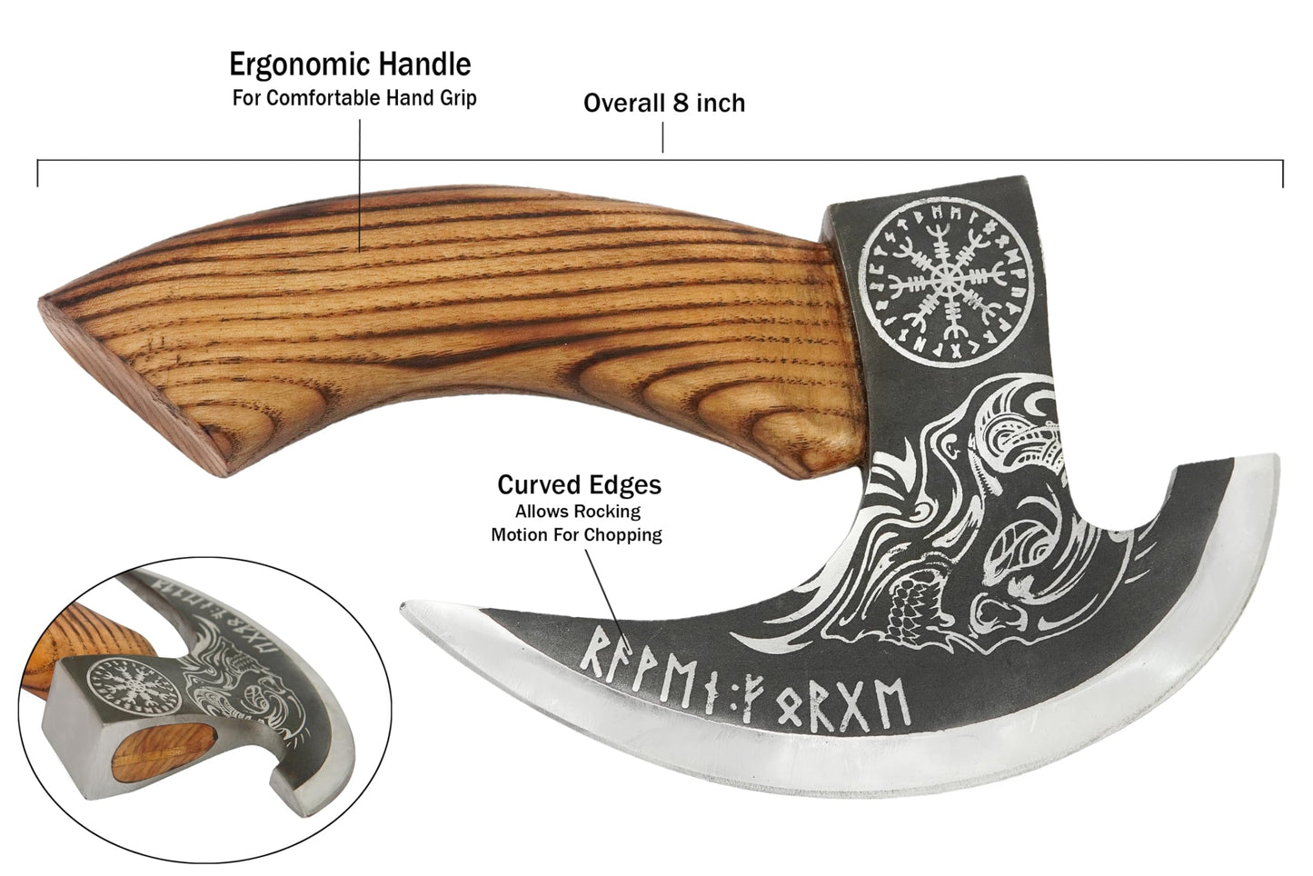 Handmade 8” Pizza Cutter, 6” Cutting Blade with Carbon Steel, Leather Sheath, Skull Design, Viking Style Pizza Cutter Axe Design. Multi-Purpose Cutter… (Dark Wood Handle)