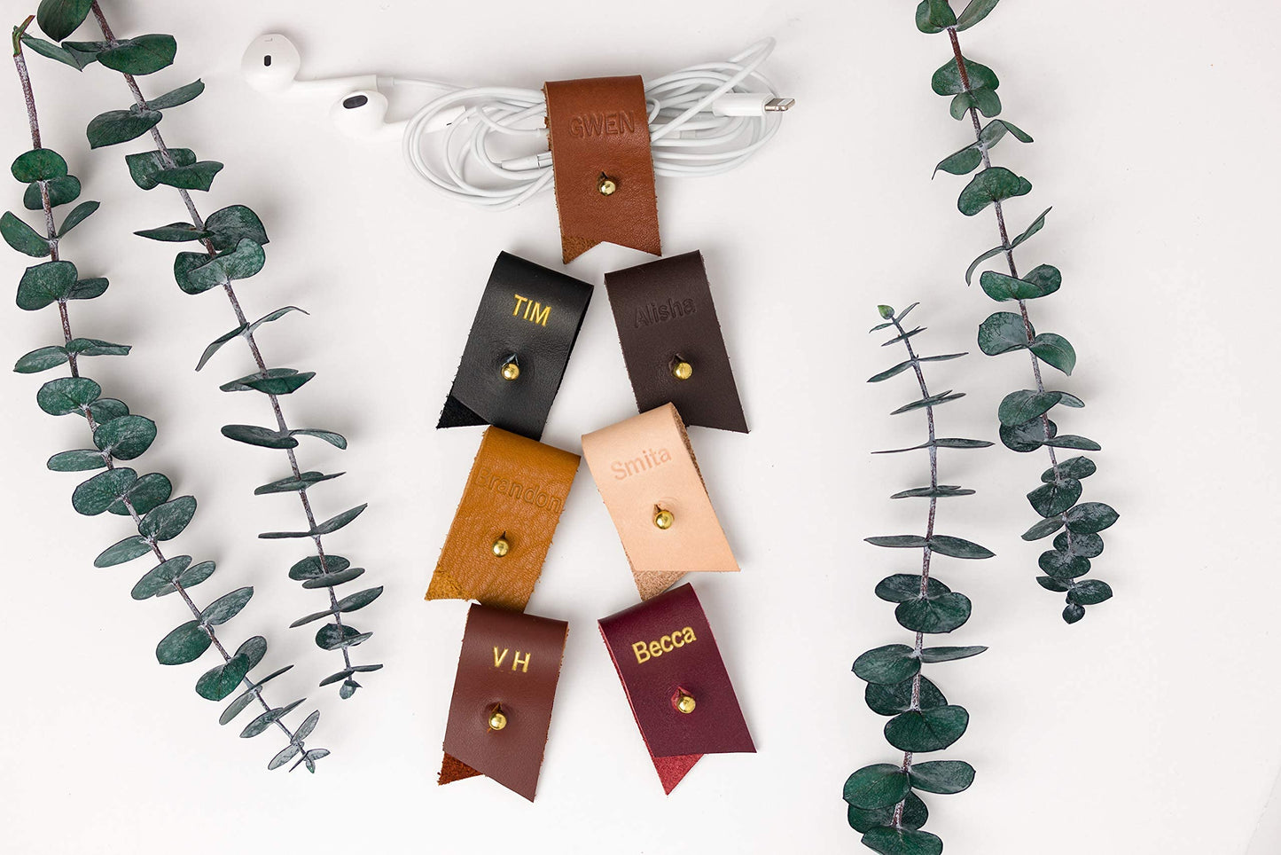 Keyaiira - Personalized Leather Cable Holder with Gold Closure - laptop charging cord keeper customized wire organizer monogram gift ideas tech and travel accessories earbud holder stocking stuffer
