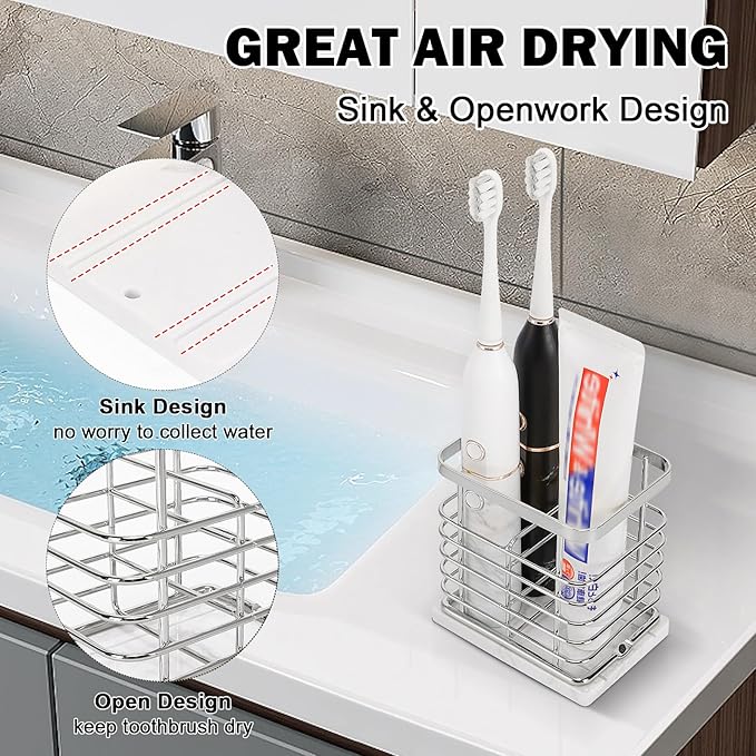 HarJue Toothbrush Holder, Luxurious Metal Toothbrush Toothpaste Holder with Marble Base for Bathroom, Multi-Slots Openwork Design, Bathroom Accessory for Storage and Organizer (Small, Chrome)