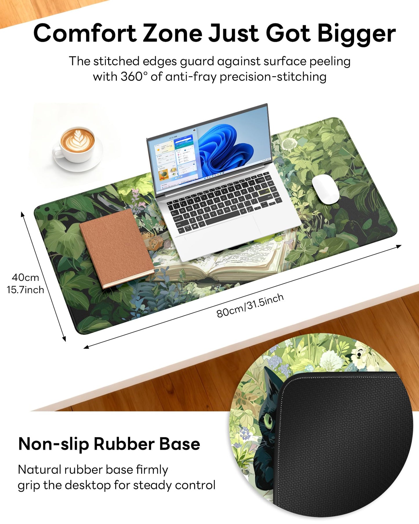 Velluxion XL Gaming Mouse Pad, 31.5x15.7'' Large Desk Mat with Anti-Slip Rubber Base & Stitched Edges for Gaming, Office, Home, Reading Cat