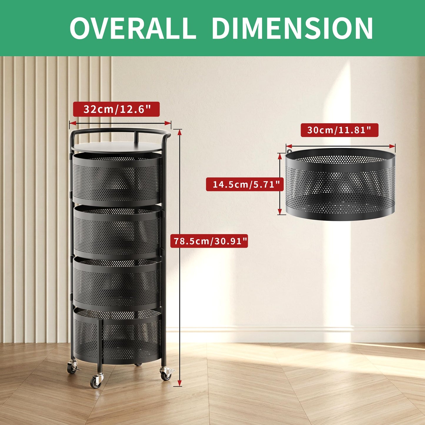 JAQ No Assembly Kitchen Storage Cart with Wheels, 4-Tier Rotating Vegetable & Onion Storage Rack, Metal Produce Organizer for Potato, Fruit and Pantry, Black
