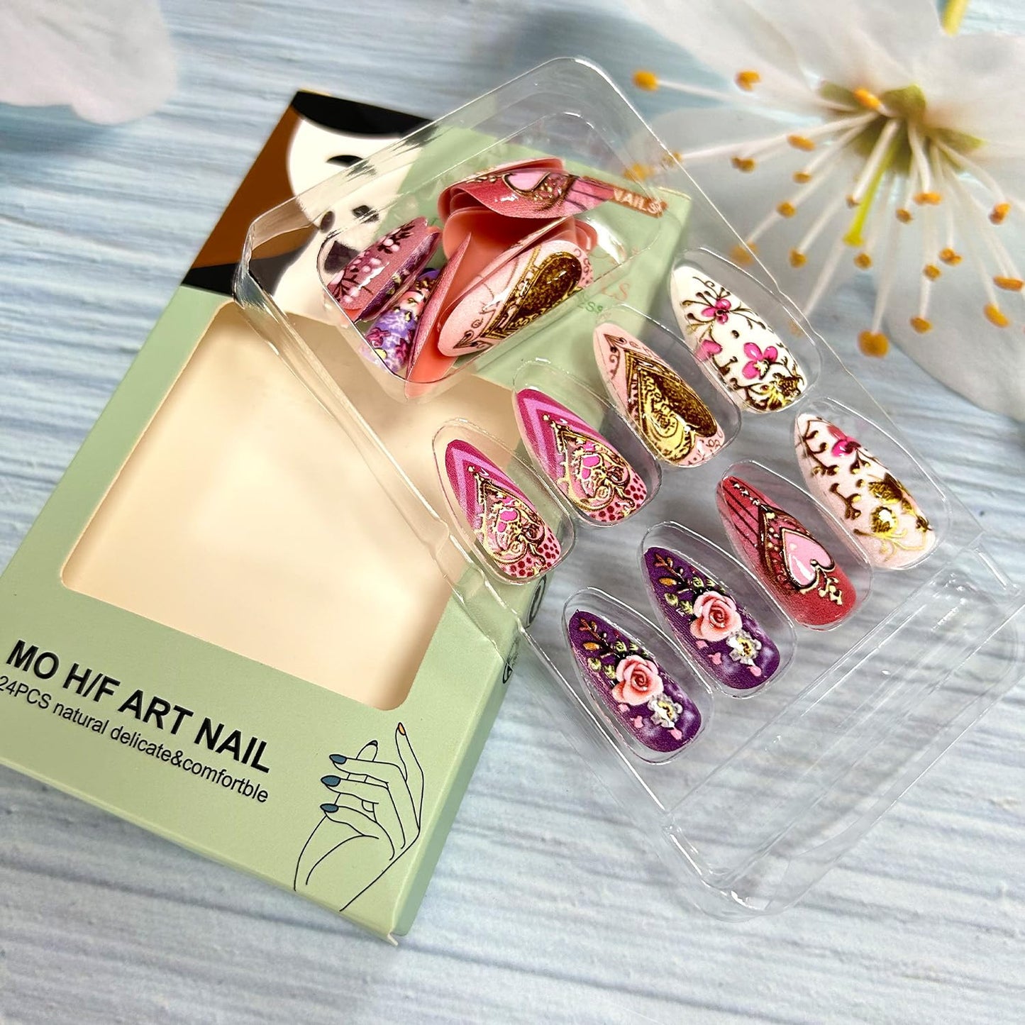CJDLTS Gold Love Heart Press on Nails Almond Shaped Flower Rose Pattern Design Colorful Press Ons Acrylic Fake Nail Full Cover Glossy Artificial Fingernails Blossom Stick on Nails for Women 24Pcs